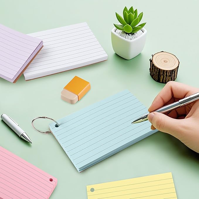 300 Flash Cards for Studying, 6 Pack Lined Index Cards with Key Ring, Multicolor Kraft Notecard for Note-taking, Language Learning, 12.5 * 7.5cm