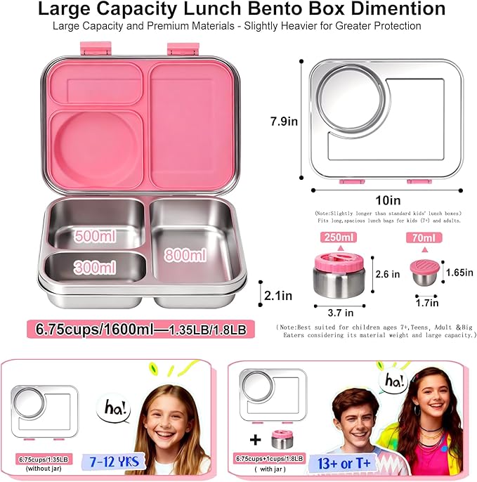 Stainless Steel Bento Lunch Box-7+ Older Kids，Teens ＆ Adult with Insulated Food Jar,Leakproof 3-Compartment,BPA-Free, Eco-Friendly,Dishwasher Safe, Large-Capacity Box, School,Office,Travel （Pink)