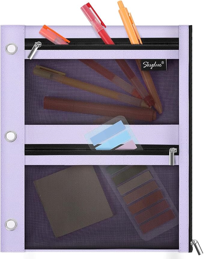 SKYDUE Pencil Pouch for 3 Ring Binder, 3 Pockets and Mesh Window | Zipper Pencil Pouch Pencil Bag with 3 Reinforced Grommets, Durable Organizer for School Supplies, Cables, Earbuds, Makeup