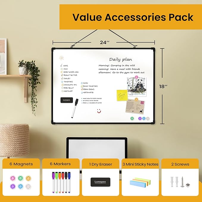 Dry Erase Board for Wall, 24" x 18" Double-Sided Hanging Magnetic Whiteboard with 6 Markers, 6 Magnets and 3 Mini Sticky Notes, Presentation Board for School, Home, Office, Black Frame