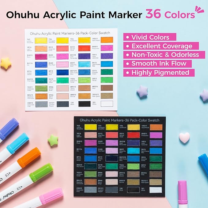 Ohuhu Acrylic Paint Markers Dual Tips: 36 Colors Brush & Fine Paint Pens High Opacity Acrylic Markers Water-Resistant Lightfast for Rock Painting 3D Prints Egg Wood Glass Ceramic DIY Crafts - Akaka