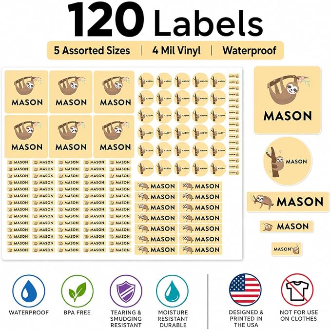 Andaz Press Custom Personalized Waterproof School Name Labels, Cute Sloth, 120-Pack, Kids Labels Combo Pack, Customizable Multi-Use Name Stickers for Preschool, Daycare, Supplies, Office, Camping