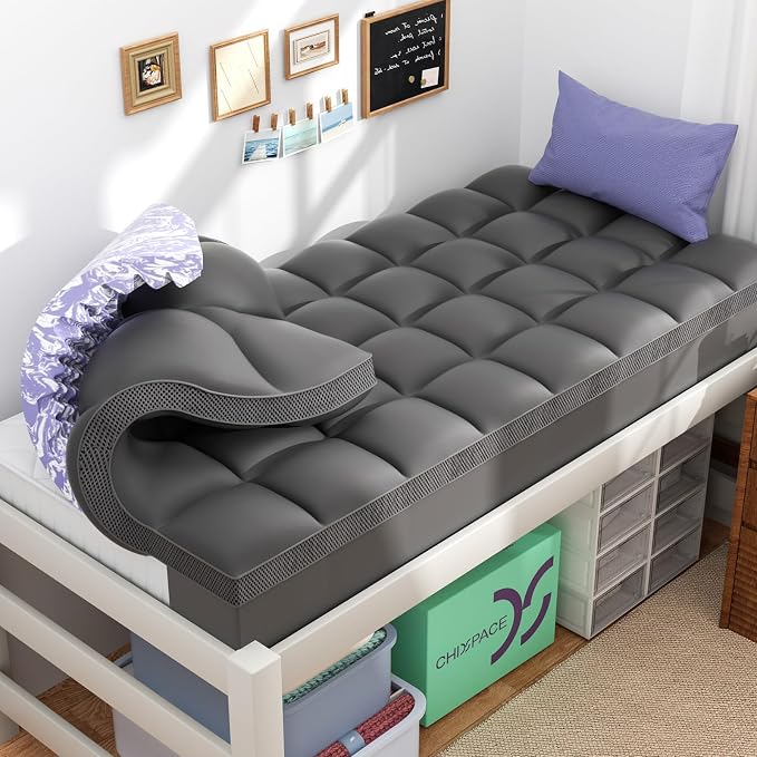 Dorm Room Essentials Dual Layer 5 Inch Memory Foam Mattress Topper Twin XL | 3 Inch Pillow Top Mattress Pad Cover and 2 Inch Gel Memory Foam for Back to School, 7-Zone Egg Crate & 2-in-1 Design (Grey)