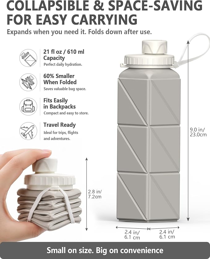 BEAUTAIL Collapsible Water Bottles 21oz/610mL, Silicone Travel Water Bottle | BPA Free, Leakproof & Reusable, Foldable Water Bottle for Traveling, Hiking, Gym, School, Sports, Outdoor, 1-Pack, Starlight
