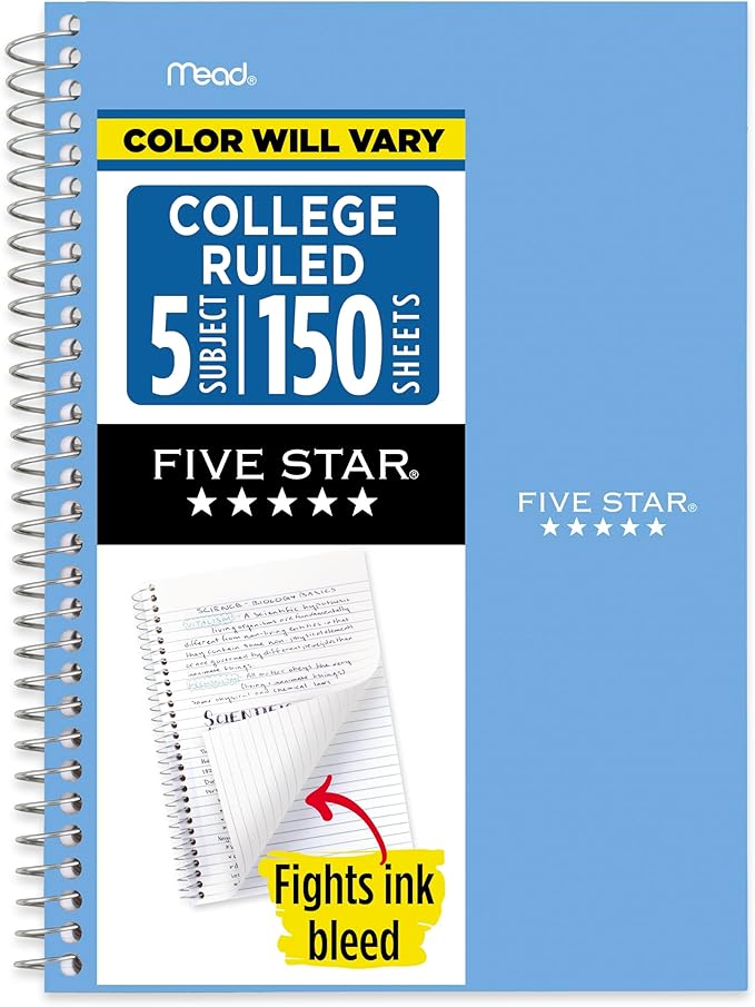 Five Star Small Spiral Notebook, 5 Subject, College Ruled Paper, 180 Sheets, 9-1/2" x 6", Color Will Vary, 1 Count (06184)