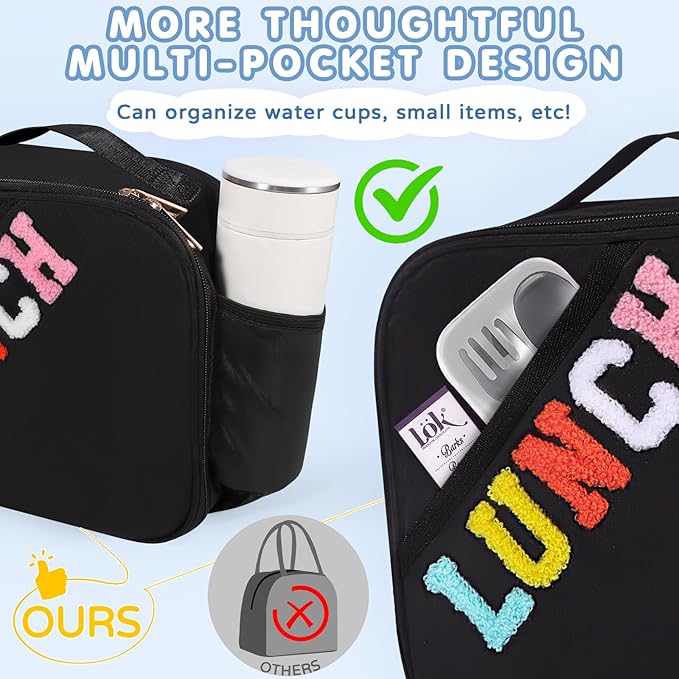 Nsrzua Insulated Lunch Bag With Adjustable Shoulder Strap, Reusable Lunch Bag for Kids, Girls, Boys, Women, Preppy Lunch Box for School, Travel, Picnic (Black)