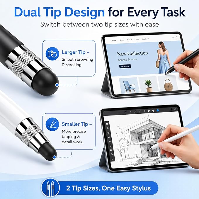 HATOKU 2 Packs Stylus Pen for Apple iPad & Touchscreen Devices (Black & White), Dual Tip Rubber, No Bluetooth/No Charging, High Sensitivity Capacitive Magnetic Pencil for iPad iPhone Android Tablets