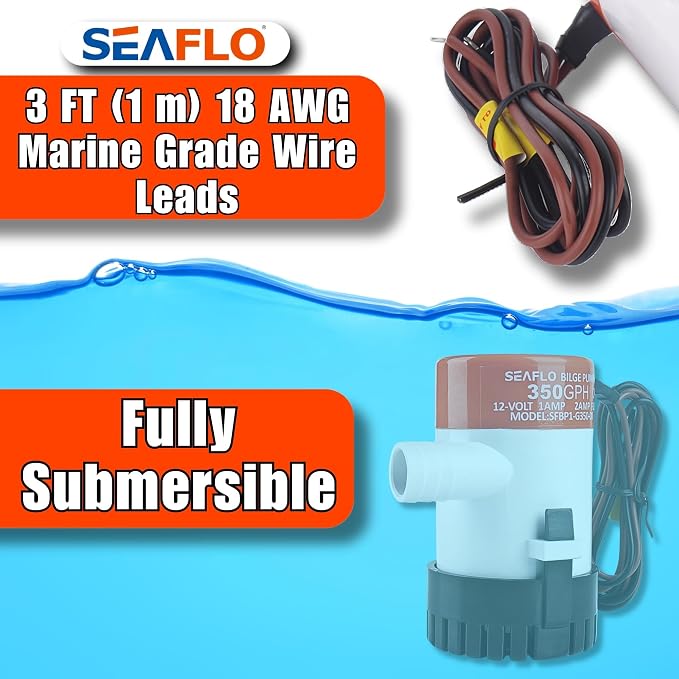SEAFLO 01 Series 350 GPH Bilge Pump – 12V, 3/4" Outlet, Marine Submersible Pump with Anti-Airlock Protection, CE & Rohs Certified, 4-Year Warranty | Reliable for Boats and Marine Applications