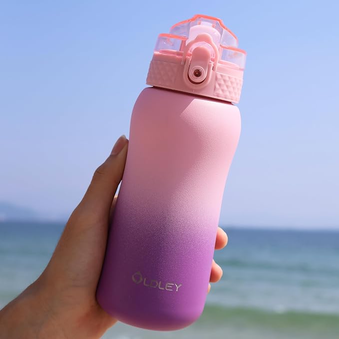 Oldley Insulated Water Bottle 12oz Kids Water Bottles with Straw, Stainless Steel Water Bottle with 2 Lids,Double Wall Vacuum Bottle, Leak-Proof Sport Bottles for School Travel, Ombre Pink-Purple