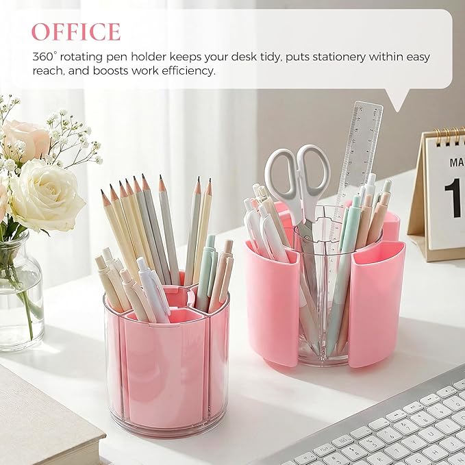 KONVINIT Pink Pen Holder for Desk, 5 Slots 360° Rotating Pen Organizer, Cute Desk Organizers and Accessories for School, Home, Office and Art Supply