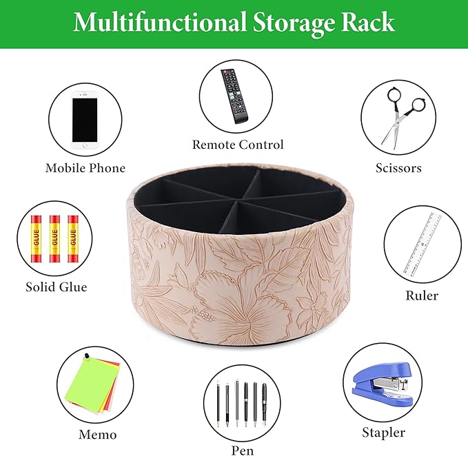 Remote Control Holder, 360°Spinning PU Leather Desk TV Remote Caddy,Desk Storage Box Room Accessories for Controller, Media,Mail,Calculator, Mobile Phone,Pencil(1-Carved Light Brown)