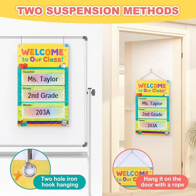 Welcome to Our Classroom Sign, Classroom Door Signs, Teacher Door Sign, Classroom Door Hangers, Transparent Pockets with 6 Cards, Gift for Teacher, Back to School Decoration, 21.5" x 11"