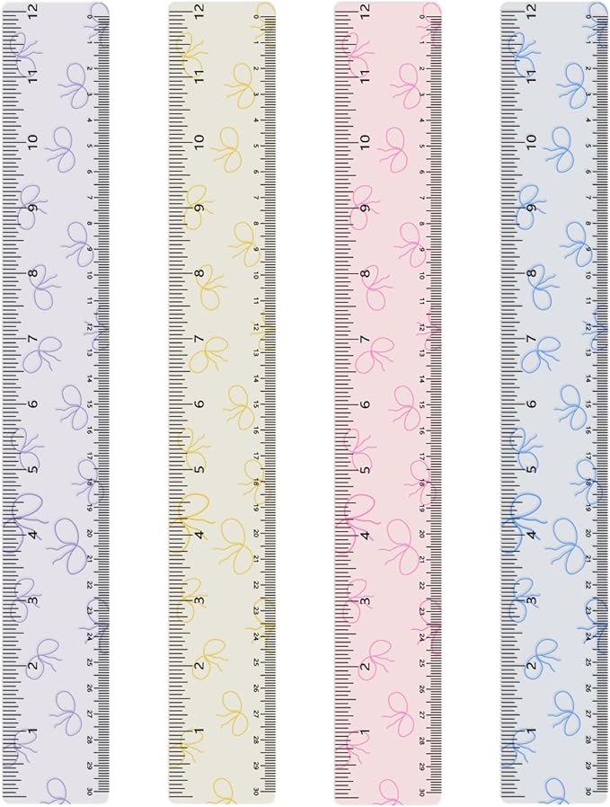 BAYTORY 4Pcs Transparent Acrylic Ruler 12 Inch, Clear Plastic Straight Rulers, Shatterproof Student Stationery Centimeters with Inches, for Classroom Essentials School Supplies (Bowknot 12 Inch)