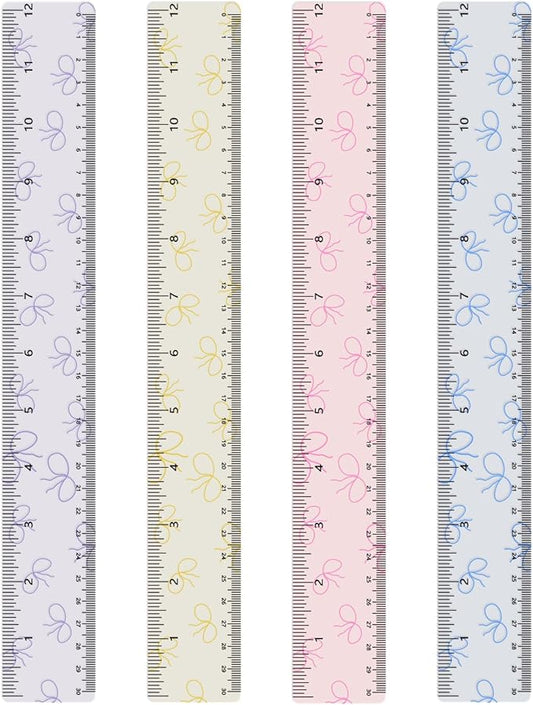 BAYTORY 4Pcs Transparent Acrylic Ruler 12 Inch, Clear Plastic Straight Rulers, Shatterproof Student Stationery Centimeters with Inches, for Classroom Essentials School Supplies (Bowknot 12 Inch)