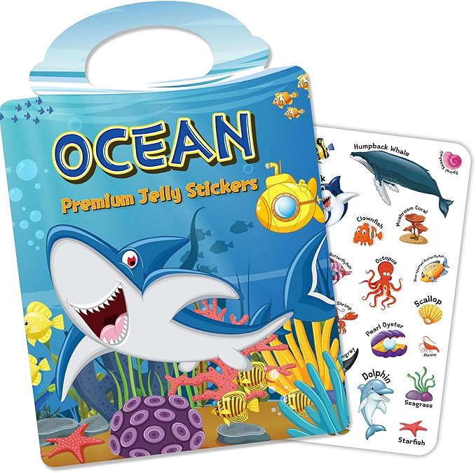 Reusable Sticker Book for Toddlers 3-6, Jelly Stickers for Kids, Sticker Activity Book Travel Toys for Car & Airplane, Educational Learning Gifts for Boys and Girls Ages (Ocean Theme)