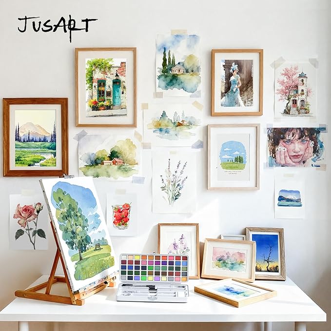JusArt 50 Colors Watercolor Paint Set,Art Supplies with Metallic Color, Detail Painting Brushes, Water Brush Pens, Portable Travel Watercolor Painting Set for Adult, Artists, Professionals