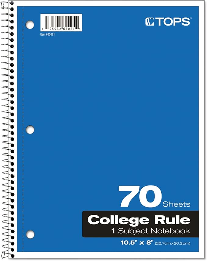 Oxford Spiral Notebook, 1-Subject, College Ruled Paper, 70 Sheets, Color May Vary, 1/Notebook (65021) (Pack of 1)