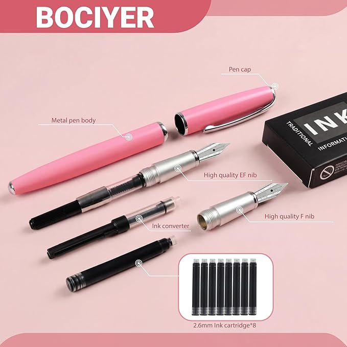 Super Smooth Writing Fountain Pen Set,Includes 2 Hand Polished Iridium Nibs(Fine & Extra Fine),8 Ink Cartridges,2 Ink Refill Converter and Gift Box,Best Pen Gift Set for School,Office(Pink)