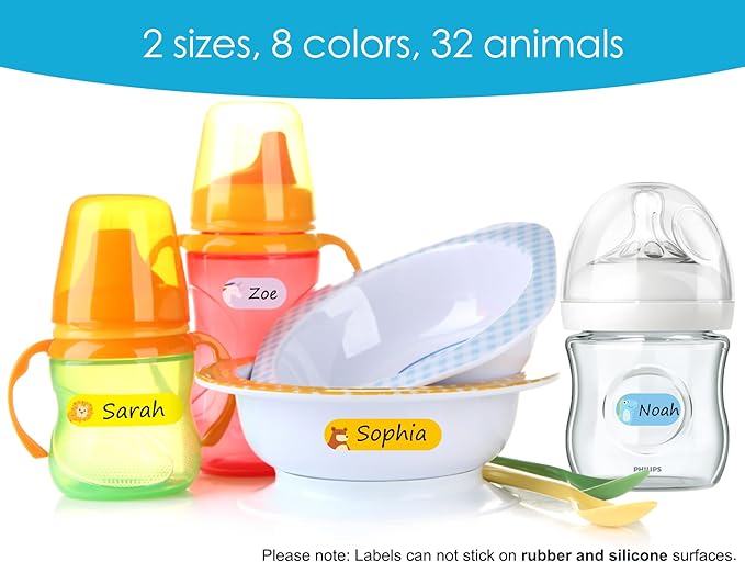 Baby Bottle & Daycare Name Labels, Self-Laminating Waterproof Stickers for Kids Stuff, Dishwasher Safe Write-On Name Tags for School & Home, Assorted Sizes & Colors, Pack of 64 (Animal Friends)