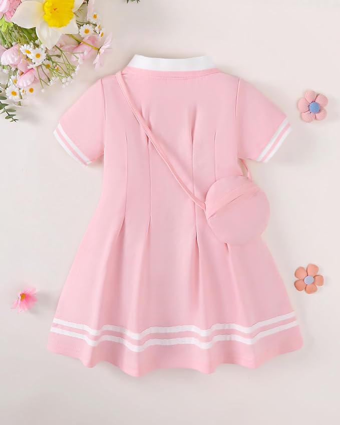 Renotemy Infant Baby Girl Dress Toddler Girls Summer Clothes School Outfits Cotton Short Sleeve Polo Dresses with Bag 12M-5T