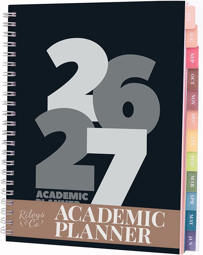 Rileys Academic Planner 2026-2027, Daily, Weekly & Monthly Planner, July 2026 - June 2027, Student Notes Pages, Twin-Wire Binding, Weekly Agenda for School & Work (8 x 6-Inches, Chunky, Black)