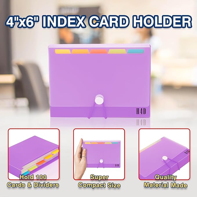 H4D 4x6 Index Card Case with 100 Heavyweight Ruled Index Cards and Dividers, Purple