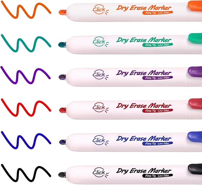 WRITECH Retractable Dry Erase Markers: Fine Point Clickable Colored Ink Marker Low Odor Erasable Thin Tip Refillable Multicolor Whiteboard Marker Pen Set 6ct No Smear Bleed