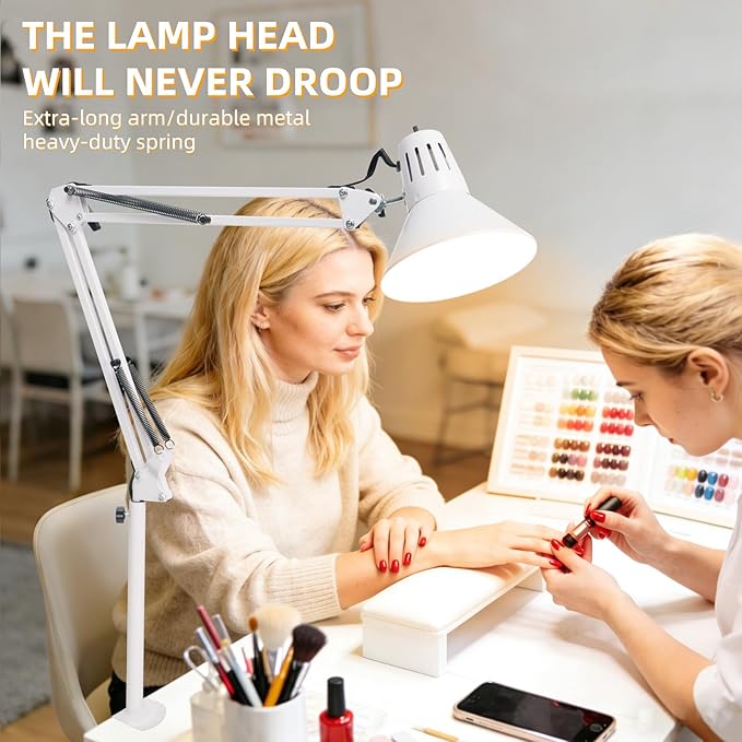 LED Desk Lamp Dimmable with Clamp, Eye-Caring Clip on Lights for Home Office, 3 Adjustable Color Temperature,Extra Tall Metal Swing Arm, High Intensity Clamp w/A19 E26 Bulb for Working Reading