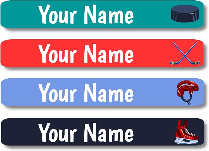 Lovable Labels Personalized Labels for Kids (120 Labels) - Waterproof Dishwasher Safe Peel and Stick Labels are Great for School Supplies Daycare Camp Bottles (Hockey All Star)