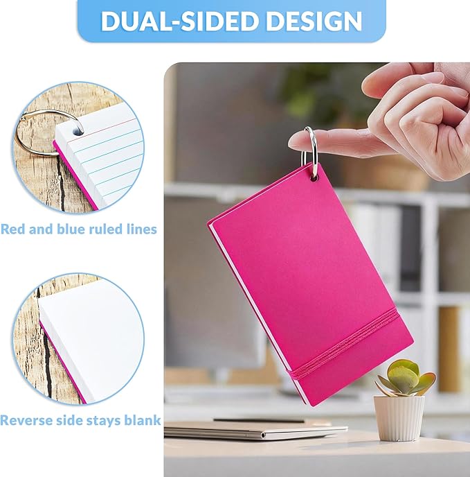 NEEWAY Ruled Index Cards with Ring 3x5 Inches, 200 Count Note Cards Lined, Flash Cards with Rings for Studying, Home and Office (Rose Red)