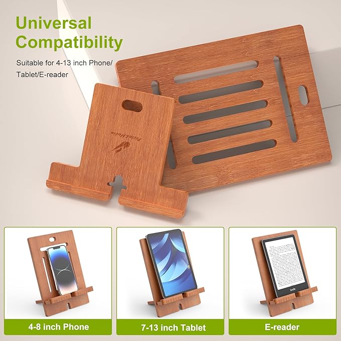 Pezin & Hulin Bamboo Tablet Stand Adjustable, Desktop Cell Phone Stand Holder Dock Compatible with Pad Air/Pro/Mini, E-Reader, Smartphone (Support to 4.7-13" Devices)-Brown