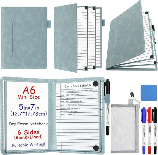 Feifeiya 6 Sides Dry Erase Notebook Portable Whiteboards Notebook Small Reusable College Ruled Lined Board Folding Mini Travel Dry Erase White Board for Office Study(Haze Blue,A6: 5 x 7 Inches)