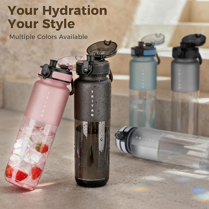 32oz Water Bottle with Chug Lid, Frosted & Clear Tritan BPA-Free, Leakproof, Wide Mouth, Portable Sports Water Bottle for Gym, Office, Travel, Outdoor (Magenta)