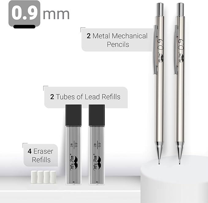 Mr. Pen- Metal Mechanical Pencil Set with Lead Refills & Erasers, 2 Pack, 0.9mm, 4x Tubes 2B Lead Refill, 4x Eraser Refills for School Supplies, Note Taking, Drawing, Sketching, Office