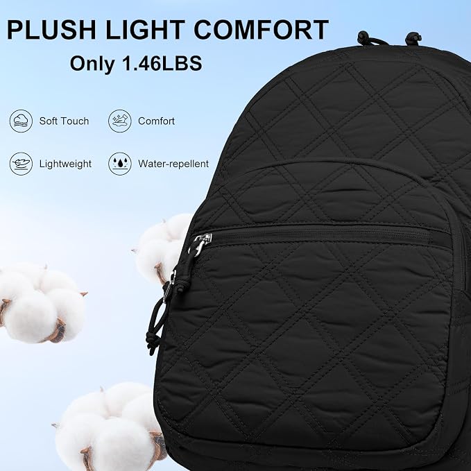 Travel Laptop Backpack for Women - 17.3 Inch College Backpacks Quilted Computer Bookbag Lightweight Casual Daypack Water-Resistant Backpacks for Students Teacher Work Black
