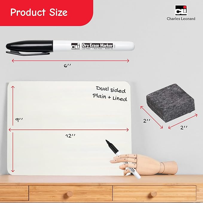 Charles Leonard Magnetic Lapboard Class Combo Pack, Includes 12 Each: 2 Sided Plain/Lined 9 x 12 Inch White Boards, 2-Inch Erasers, Black Dry Erase Markers (35045)