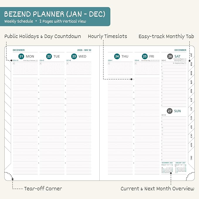 BEZEND 2026 Planner Weekly and Monthly (6" x 8.5") Daily Calendar with Hourly Timeslots & Tabs (Jan-Dec) Note & Expenses, Pen Holder, Inner Pocket, Vegan Leather Hardcover - Mint Green