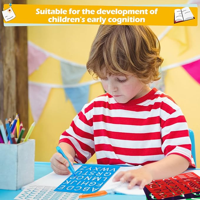 Fuutreo 12 Pieces Preschool Alphabet Tracing Stencil Set for Kids Colorful Letter Tracing Drawing Stencils with 6 Color Highlighter Cute Craft Pattern Paint Boards for Painting Classroom Rewards