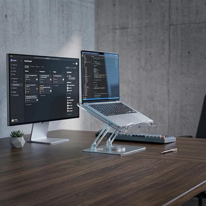 Adjustable Acrylic Laptop Stand for Desk, Ergonomic Aluminum Laptop Riser, Computer Stand for Laptop, Book Holder, for iPad, Tablets, Compatible with MacBook,Sturdy Foldable Design with Swivel Base.
