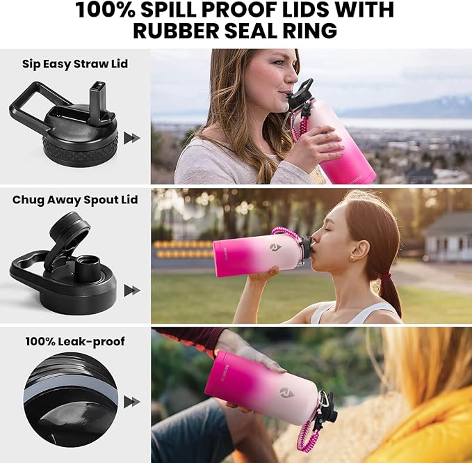 RAYMYLO Insulated Water Bottle 87 oz, Triple Wall Vacuum Stainless Steel (Cold for 48 Hrs), Leak Proof & Non-BPA, Modern Water Flask Jug with Paracord Handle & Straw Spout Lids, Ombre Pink