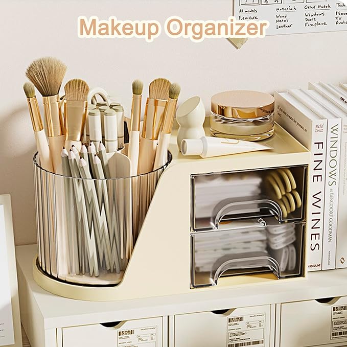 SAYEEC Rotating Desk Organizer with 2 Drawer, 6 Slots Multi-Functional Pencil Pen Holder, Desktop Makeup Organizer Stationery Accessories Storage Box Caddy for Office School Home Art Supplies (Beige)