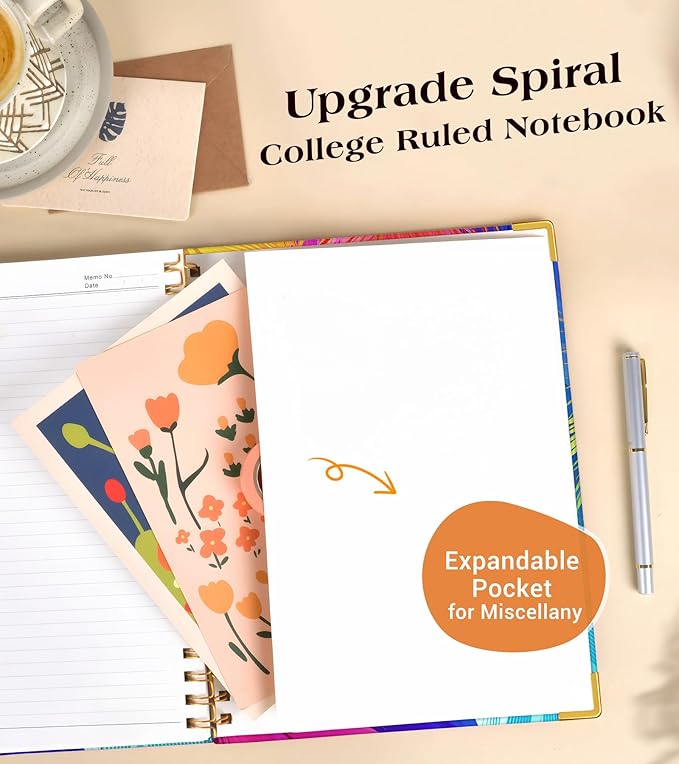 Lined Spiral Notebook Journal for Women, 150 Pages Cute Notebooks 5.75” x 8.38”, A5 Hardcover Spiral Journals with 100 GSM Thick Paper, College Ruled Notebook for Writing Work School, Colorful Feather