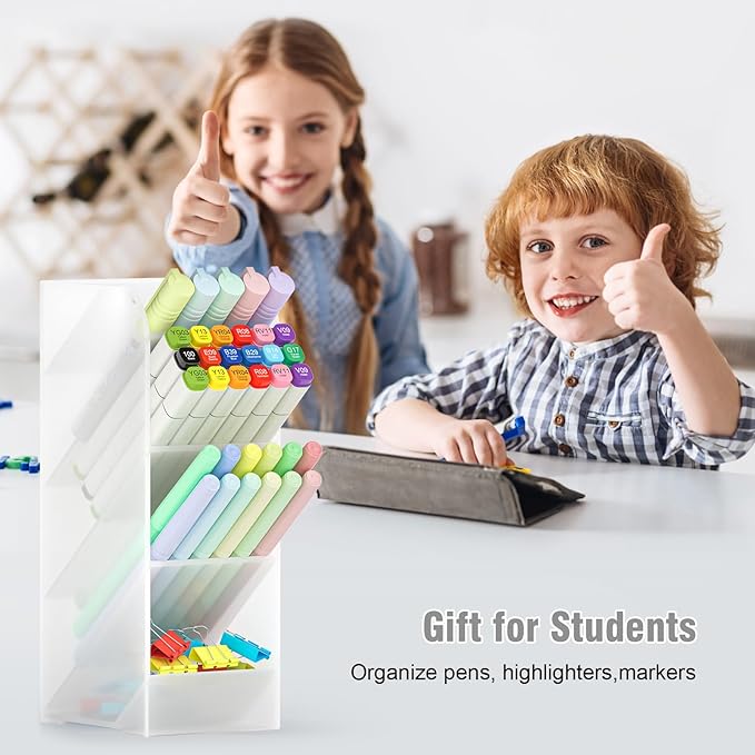 Asten Pen Holder, Pencil Holder for Desk, Pen Organizer for Office, School, Desktop, Large Capacity Pen Storage Organizer with 5 Compartment for Pens, Markers, Makeup Brush, Cosmetics (Clear, 3 Pack)