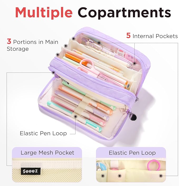 Sooez Large Pencil Case Pouch, Extra Big Pencil Bag with 8 Compartments, Pen Bag Wide Opening, Soft Quilted Pencil Pouch Organizer with Zipper, Portable Pencil Case for Teen Girls, Purple