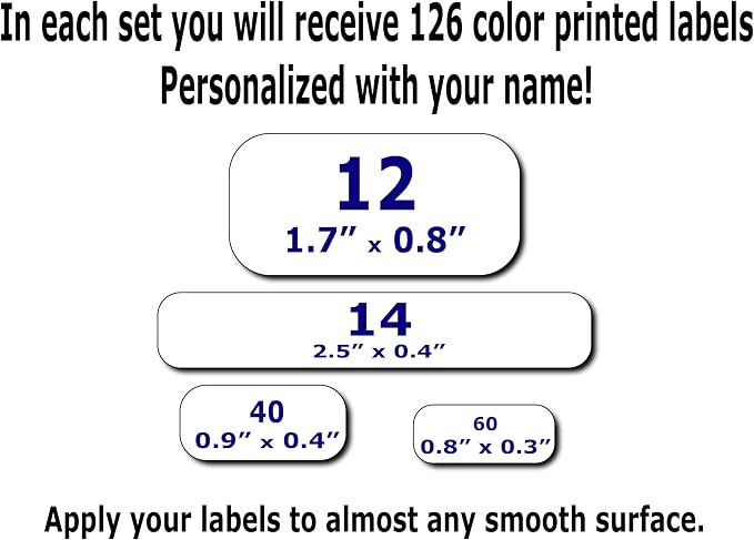 126 Personalized Waterproof Name Labels. Press and Stick Multi use Custom Name Labels. Highly Durable Customized Name Stickers with Permanent Self Adhesive. Great for School, Daycare or Camp