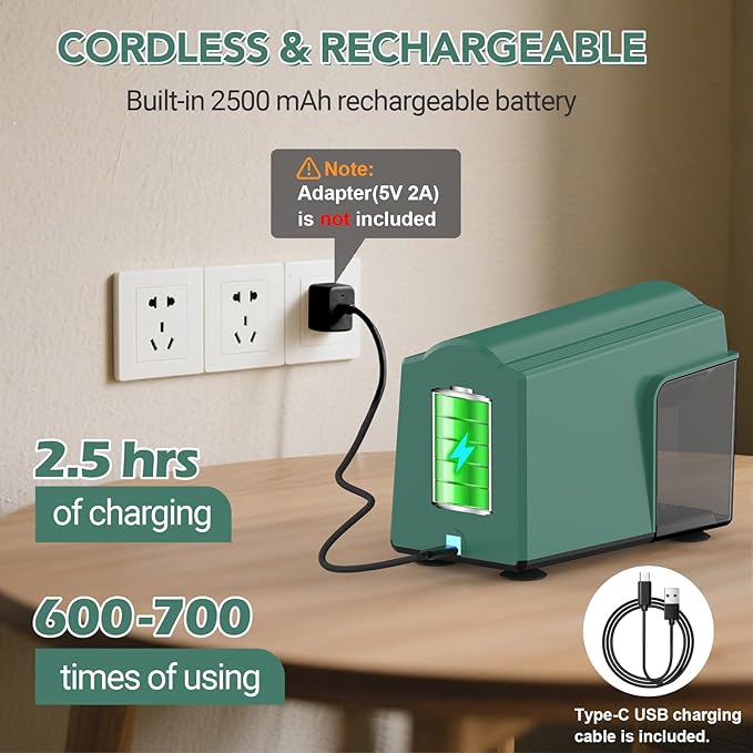 AFMAT Electric Pencil Sharpener for Classroom, 6 Holes, Cordless & Rechargeable, Super Fast, Auto Stop, 10K+ Uses, Heavy Duty Pencil Sharpener for 6-11mm No.2/Large/Colored Pencils PSD4(Green)
