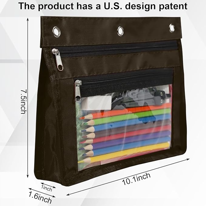 YoeeJob 2 Pack Expandable Pencil Pouches for 3 Ring Binders, Coffee Color | 1-inch expansion, 2 clear PVC pockets, 3 holes, large-capacity storage for school and office supplies.