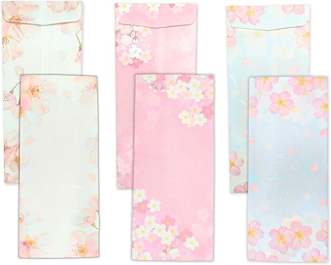 Japanese Cherry Blossom Envelopes 24 Pack (8 Pack x 3 Different Design Set), Made in Japan, Elegant Washi Paper, Self Sealing, Sakura