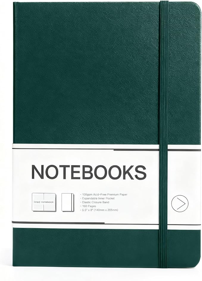 M&G Lined Journal Notebook, 160 Pages, A5 Medium Size 5.6" x 8" for Men Women, 100GSM Thick College Ruled Paper for Journaling, Writing, Work & Office, Leather Hardcover, Green