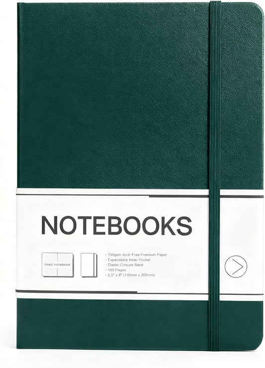 M&G Lined Journal Notebook, 160 Pages, A5 Medium Size 5.6" x 8" for Men Women, 100GSM Thick College Ruled Paper for Journaling, Writing, Work & Office, Leather Hardcover, Green
